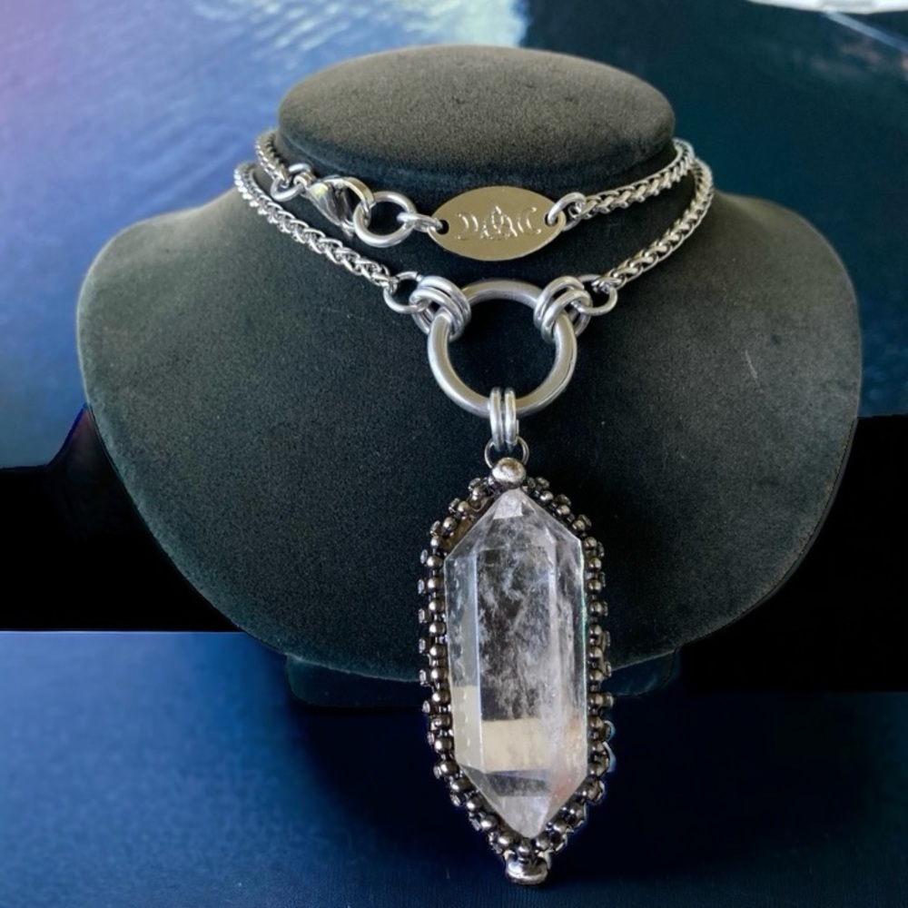 Natural Crystal quartz black electroplated boho goth stainless steel necklace